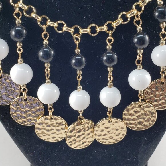 Gold Hammered Disc Charm Necklace w/ Black & White Beads – 22" Statement Jewelry - Picture 4 of 11